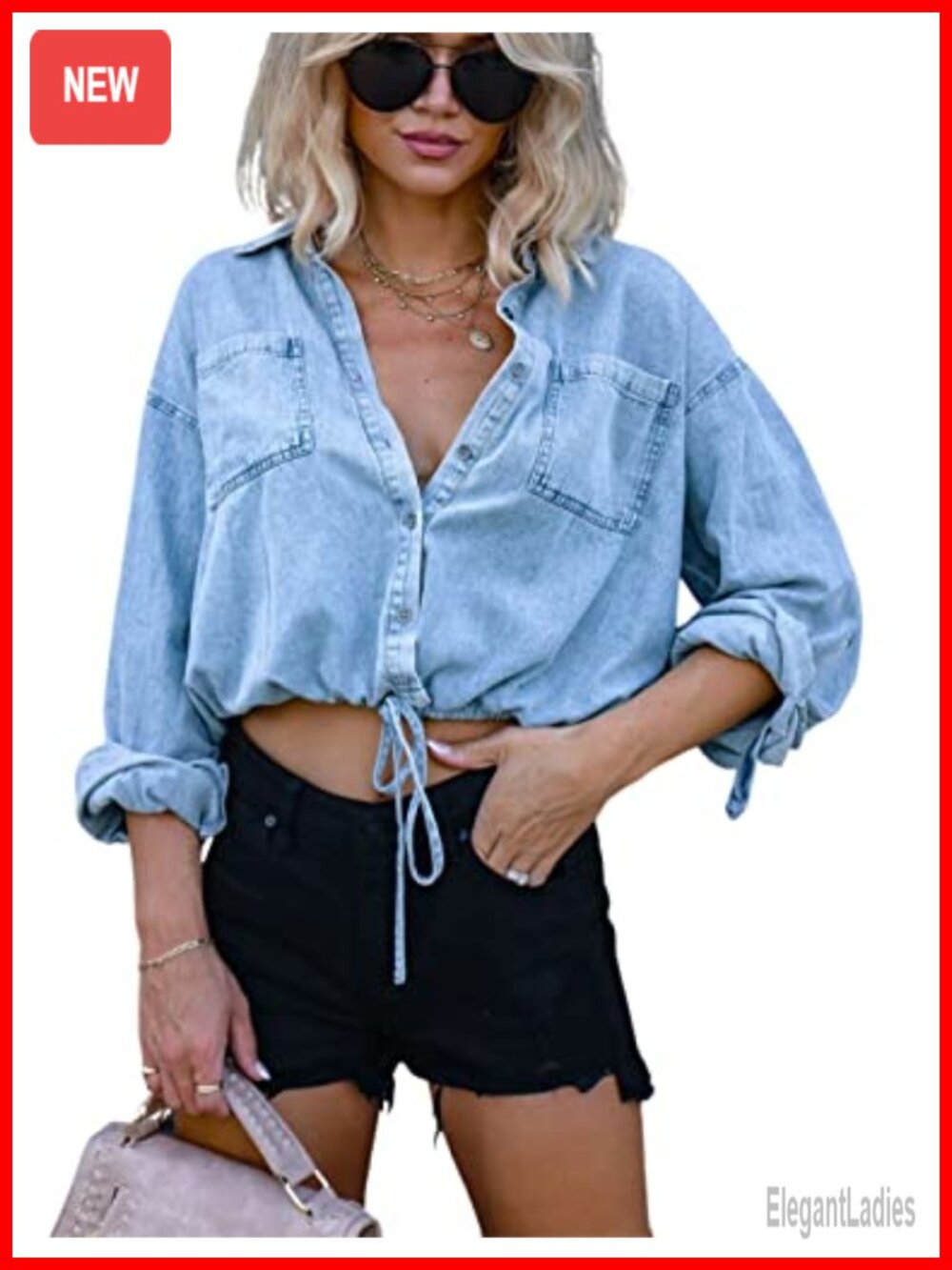 Women's Cropped Denim Shirt Casual Oversized Button Down 100% Cotton Adjustable